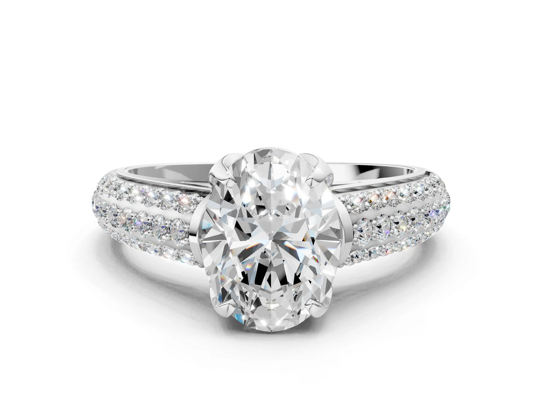 White gold Oval Cut Diamond Solitaire Ring with Three-Row Pavé Band and Four-Prong Setting_45