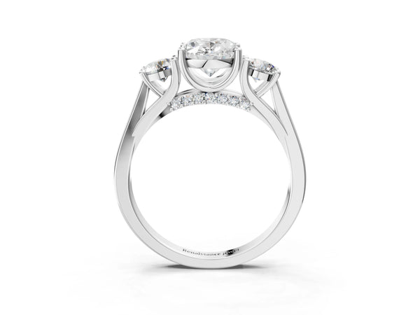 White gold Oval Cut Diamond Three-Stone Engagement Ring with Prong Setting and Pavé Band