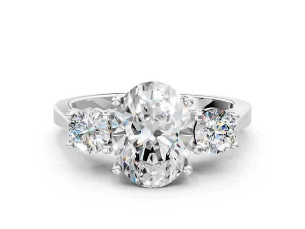White gold Oval Cut Diamond Three-Stone Engagement Ring with Prong Setting and Pavé Band