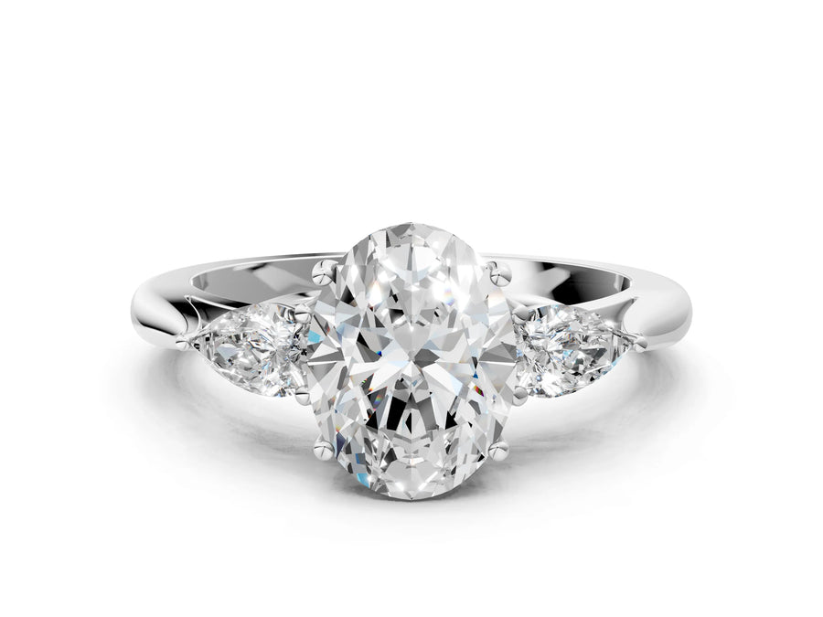 White gold Oval Cut Diamond Three-Stone Ring with Pear  Side Stones and Prong Setting