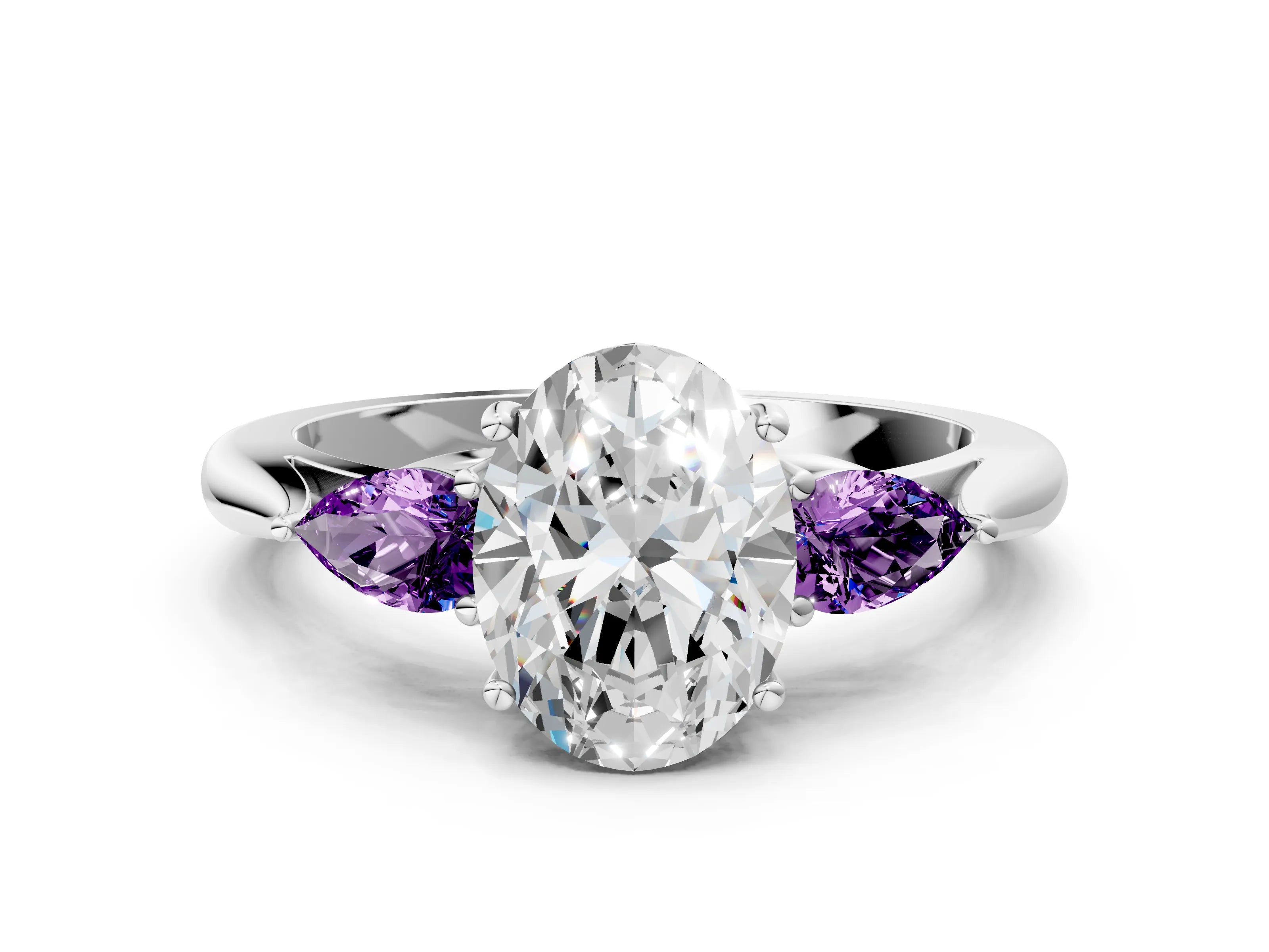White gold Oval Cut Diamond Three-Stone Ring with Pear with Amethyst side stone Side Stones and Prong Setting