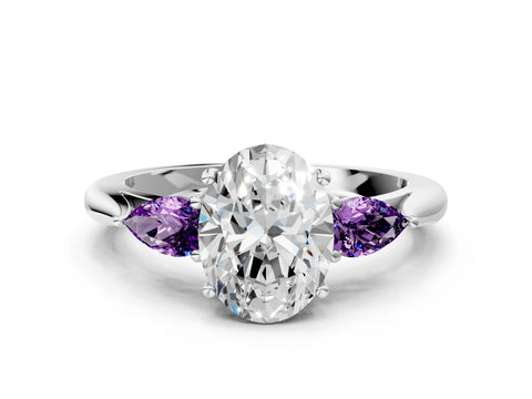 White gold Oval Cut Diamond Three-Stone Ring with Pear with Amethyst side stone Side Stones and Prong Setting_12