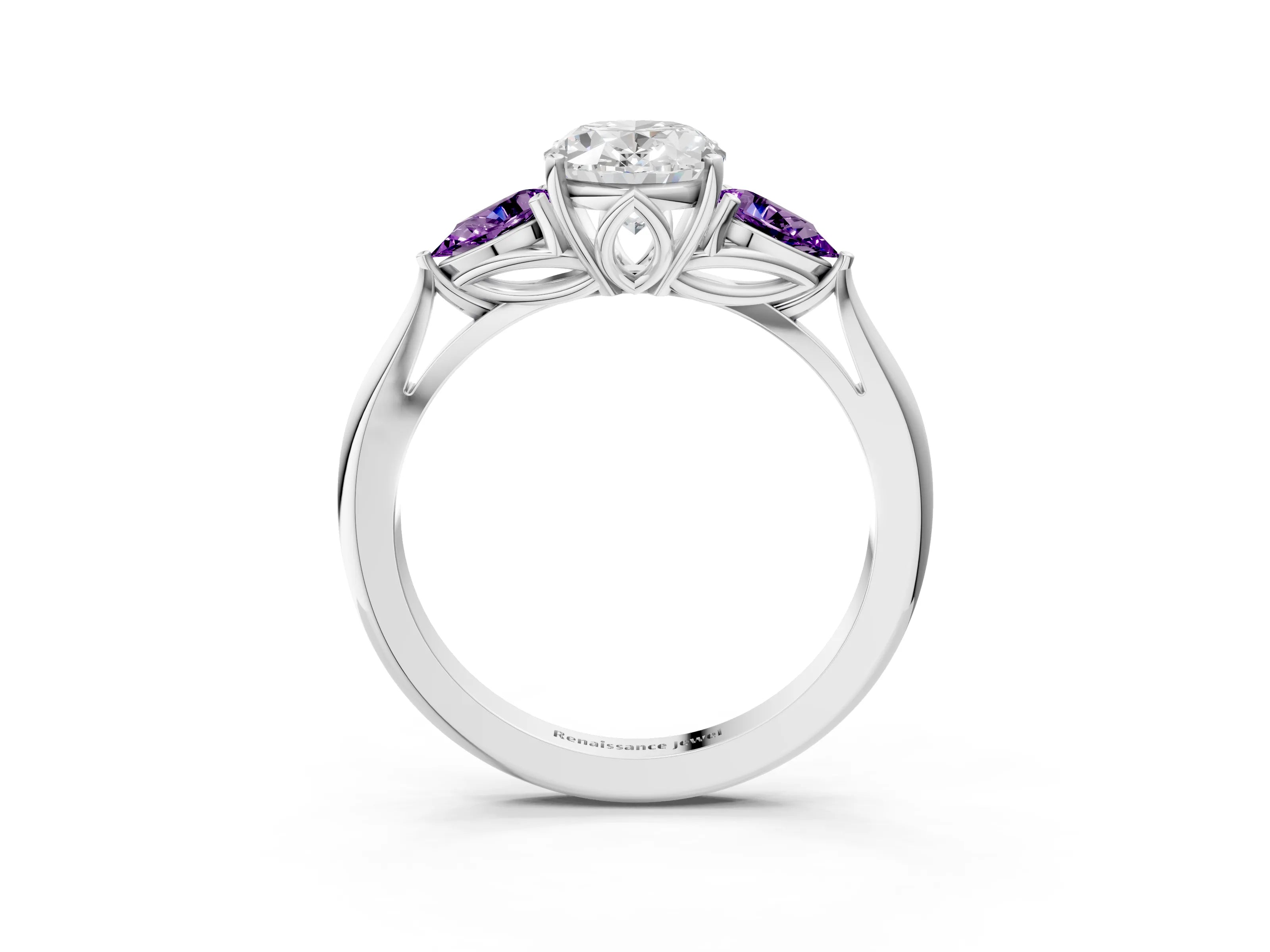 White gold Oval Cut Diamond Three-Stone Ring with Pear with Amethyst side stone Side Stones and Prong Setting_15
