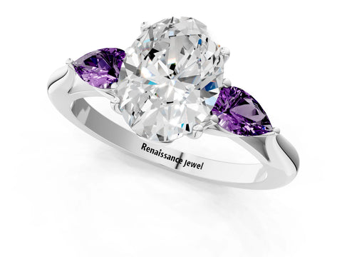 White gold Oval Cut Diamond Three-Stone Ring with Pear with Amethyst side stone Side Stones and Prong Setting_1