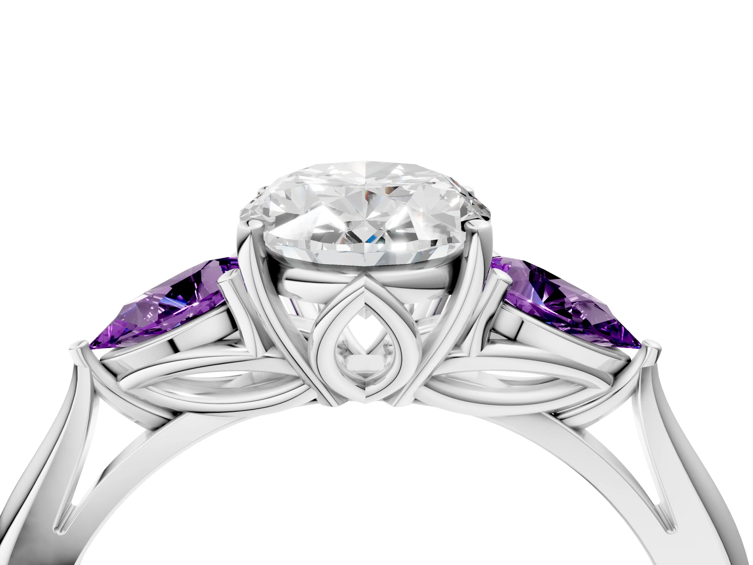 White gold Oval Cut Diamond Three-Stone Ring with Pear with Amethyst side stone Side Stones and Prong Setting_4