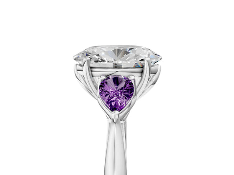 White gold Oval Cut Diamond Three-Stone Ring with Pear with Amethyst side stone Side Stones and Prong Setting_5