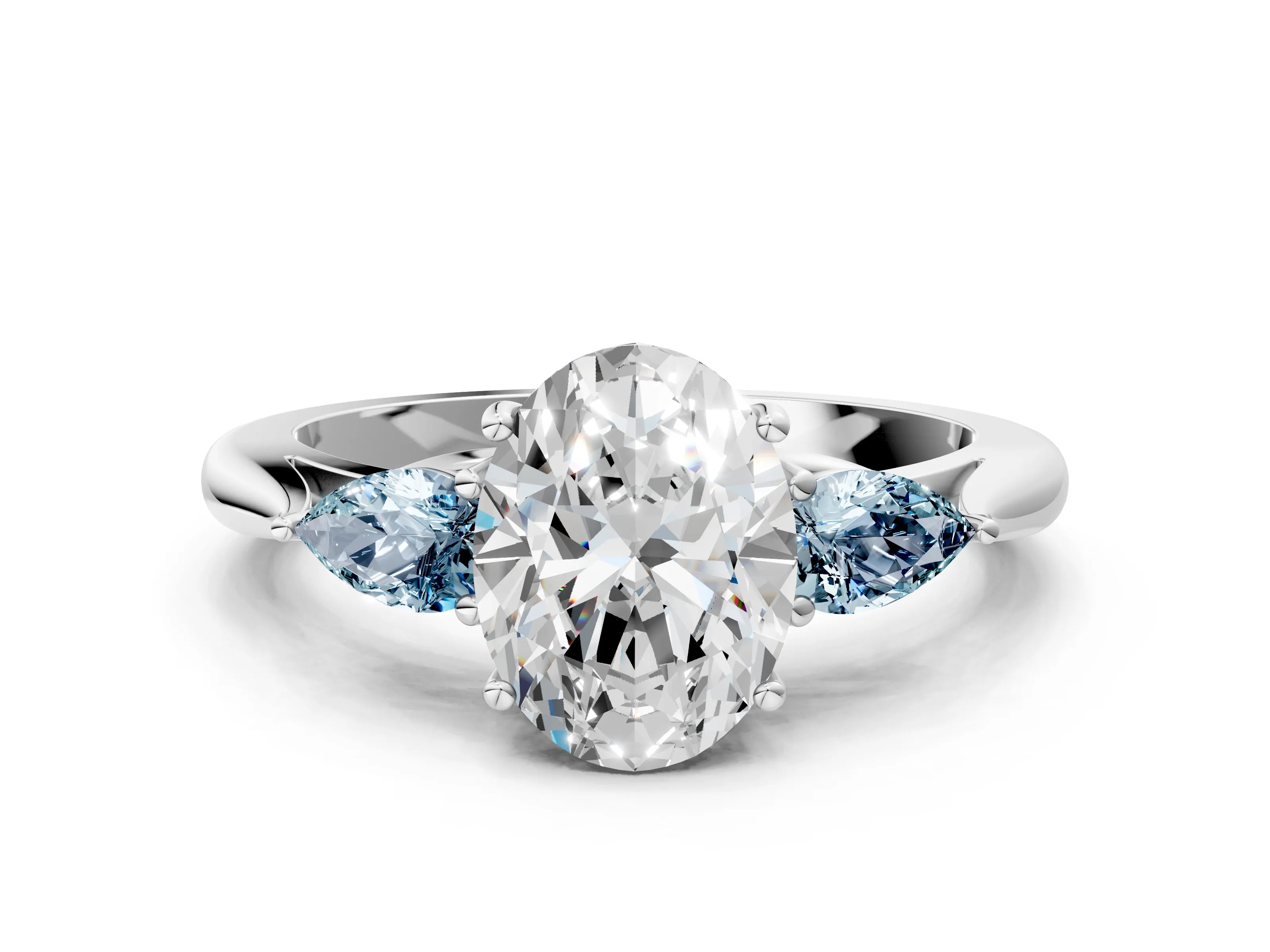 White gold Oval Cut Diamond Three-Stone Ring with Pear with Aquamarine side stone Side Stones and Prong Setting
