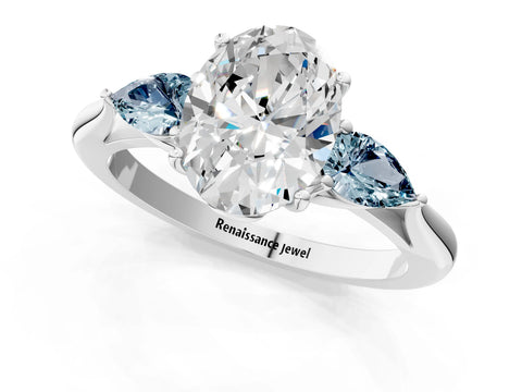 White gold Oval Cut Diamond Three-Stone Ring with Pear with Aquamarine side stone Side Stones and Prong Setting_1