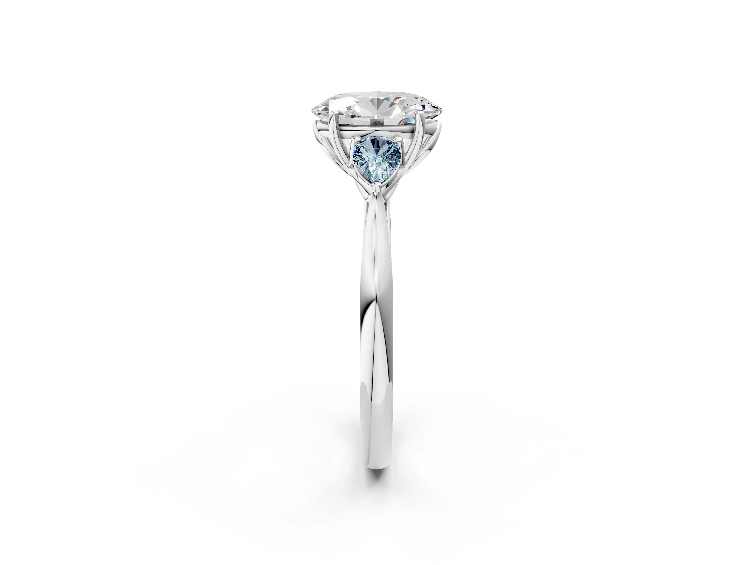 White gold Oval Cut Diamond Three-Stone Ring with Pear with Aquamarine side stone Side Stones and Prong Setting_2