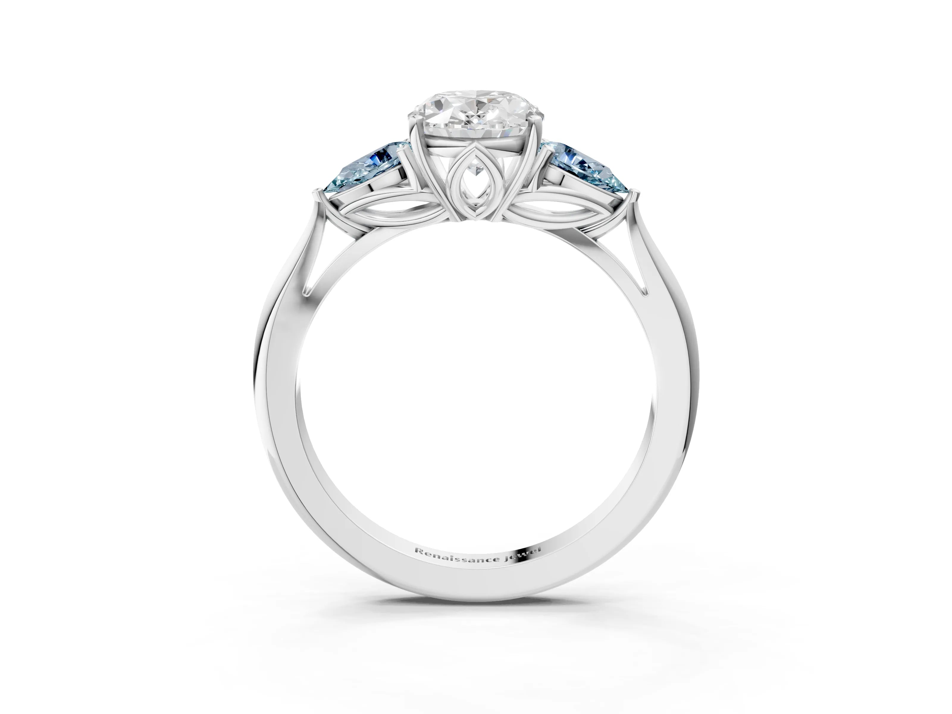 White gold Oval Cut Diamond Three-Stone Ring with Pear with Aquamarine side stone Side Stones and Prong Setting_3