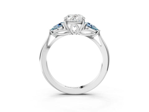 White gold Oval Cut Diamond Three-Stone Ring with Pear with Aquamarine side stone Side Stones and Prong Setting_3