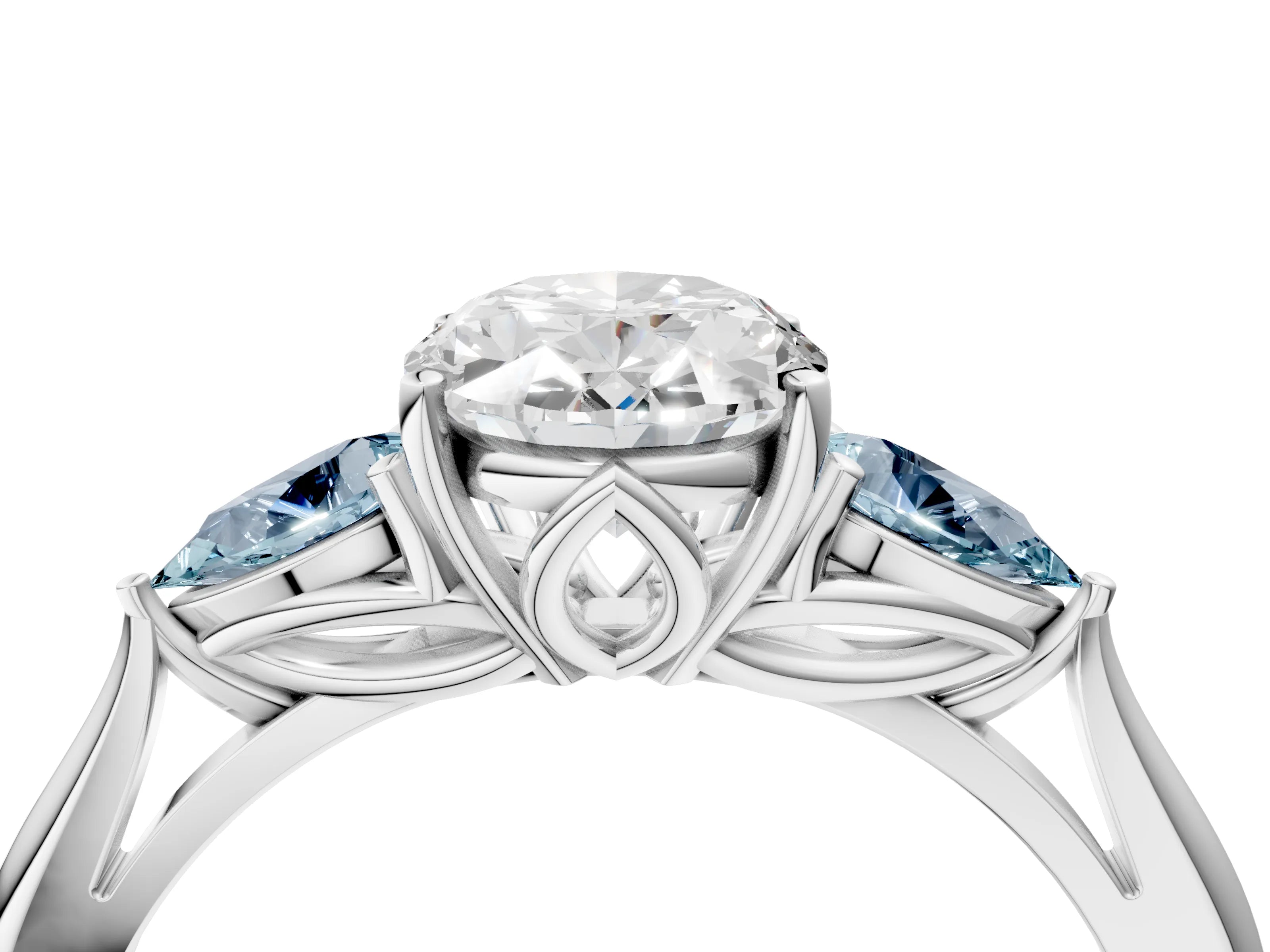 White gold Oval Cut Diamond Three-Stone Ring with Pear with Aquamarine side stone Side Stones and Prong Setting_4