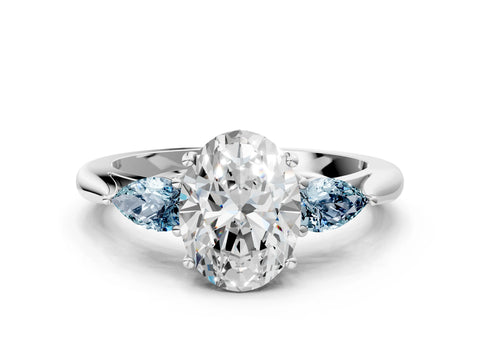 White gold Oval Cut Diamond Three-Stone Ring with Pear with Aquamarine side stone Side Stones and Prong Setting
