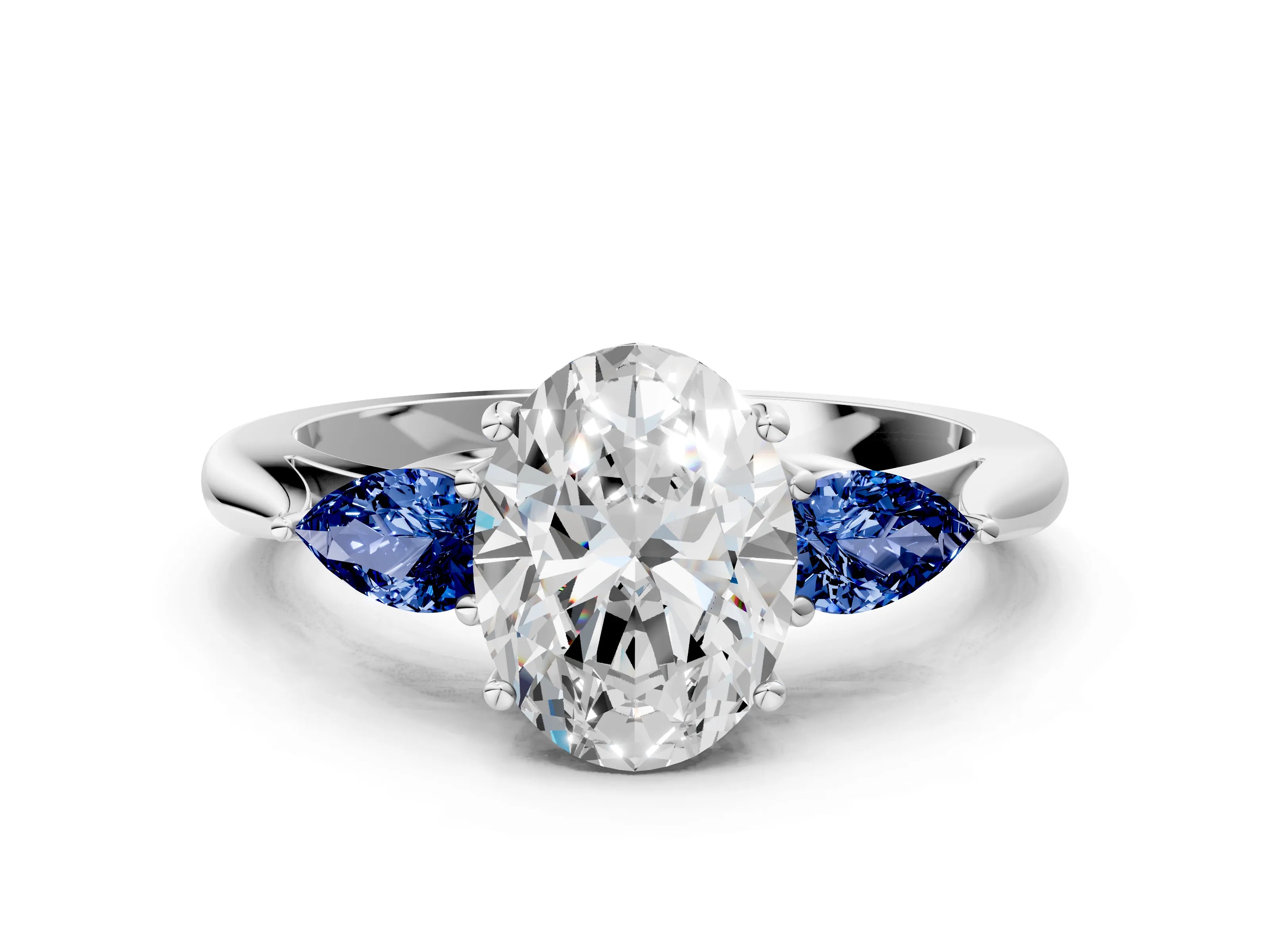 White gold Oval Cut Diamond Three-Stone Ring with Pear with Blue Sapphire side stone Side Stones and Prong Setting_12