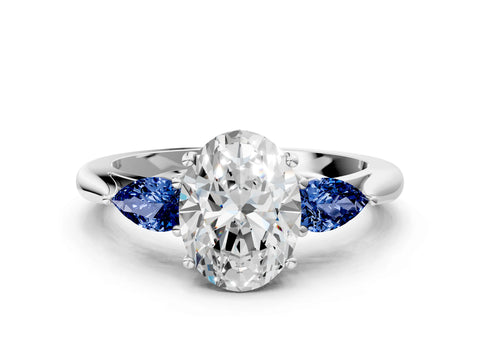 White gold Oval Cut Diamond Three-Stone Ring with Pear with Blue Sapphire side stone Side Stones and Prong Setting_12