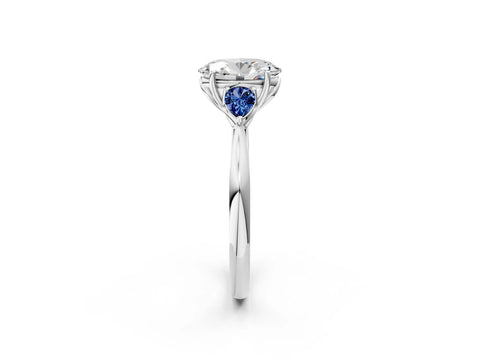White gold Oval Cut Diamond Three-Stone Ring with Pear with Blue Sapphire side stone Side Stones and Prong Setting_14