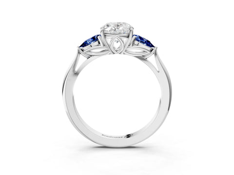 White gold Oval Cut Diamond Three-Stone Ring with Pear with Blue Sapphire side stone Side Stones and Prong Setting_15