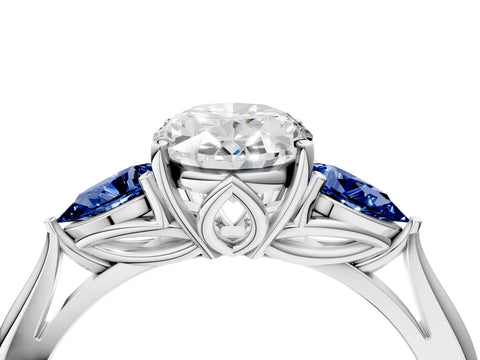 White gold Oval Cut Diamond Three-Stone Ring with Pear with Blue Sapphire side stone Side Stones and Prong Setting_16