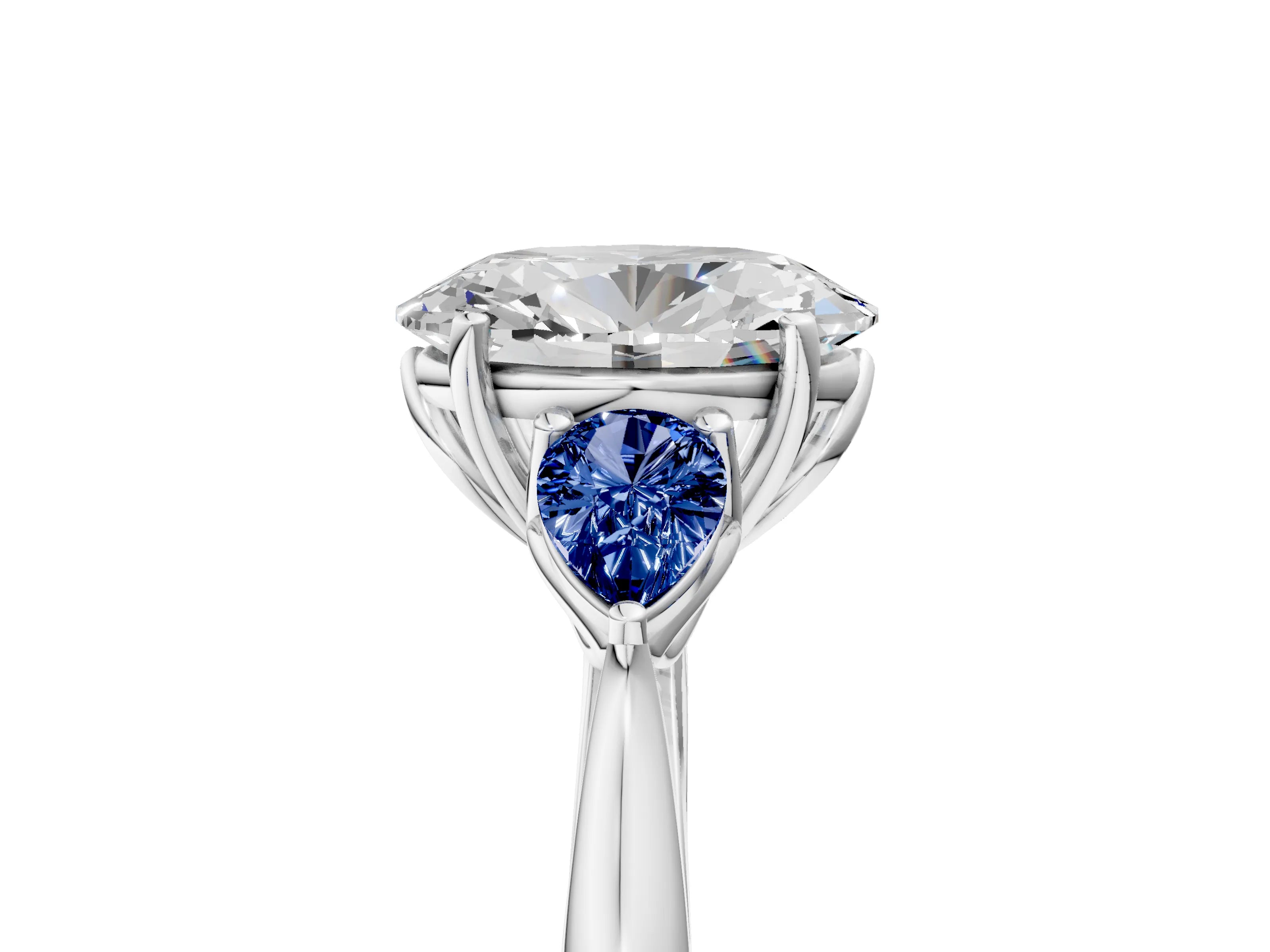 White gold Oval Cut Diamond Three-Stone Ring with Pear with Blue Sapphire side stone Side Stones and Prong Setting_17