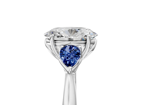 White gold Oval Cut Diamond Three-Stone Ring with Pear with Blue Sapphire side stone Side Stones and Prong Setting_17