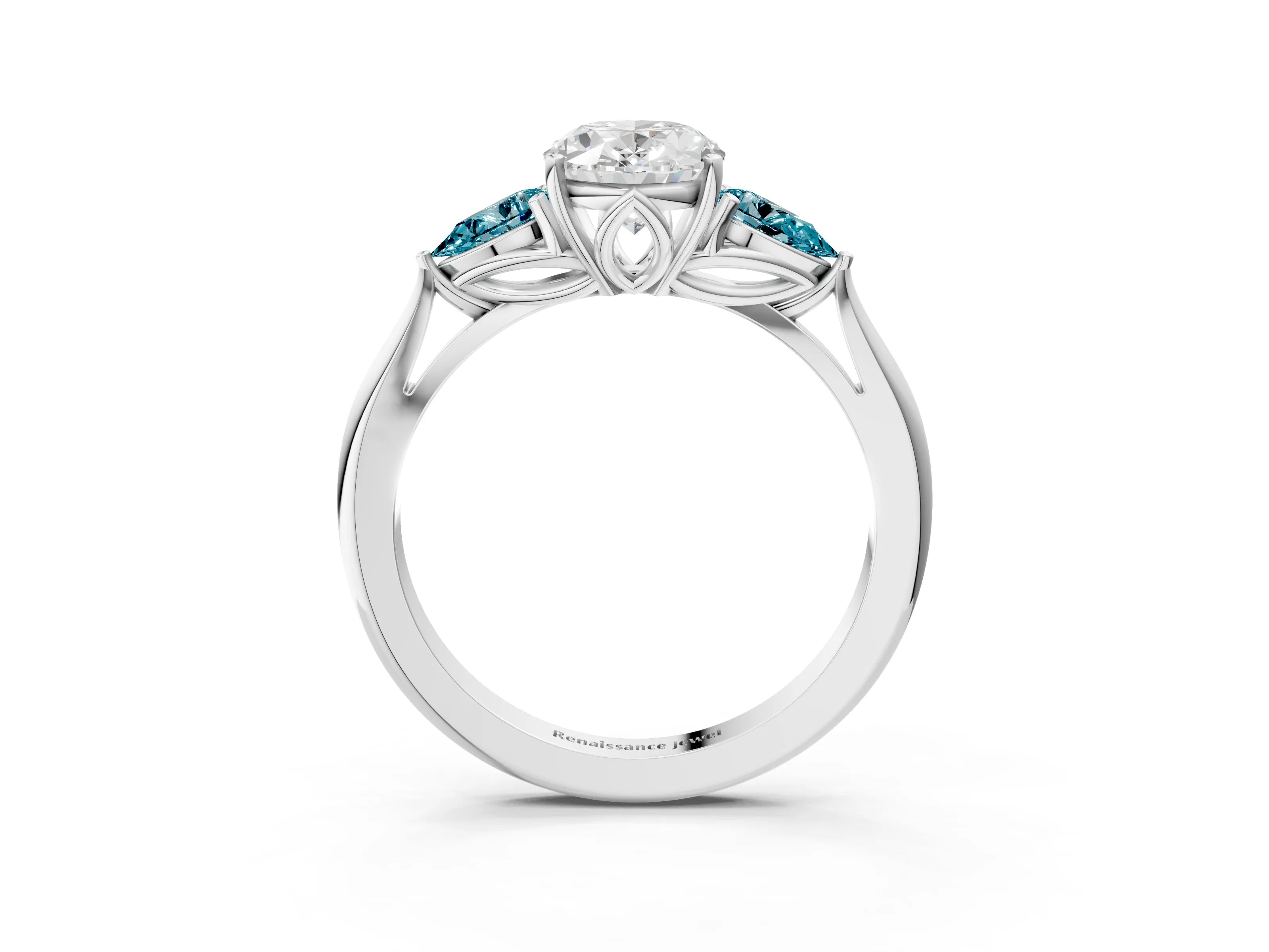 White gold Oval Cut Diamond Three-Stone Ring with Pear with Blue Topaz side stone Side Stones and Prong Setting_15
