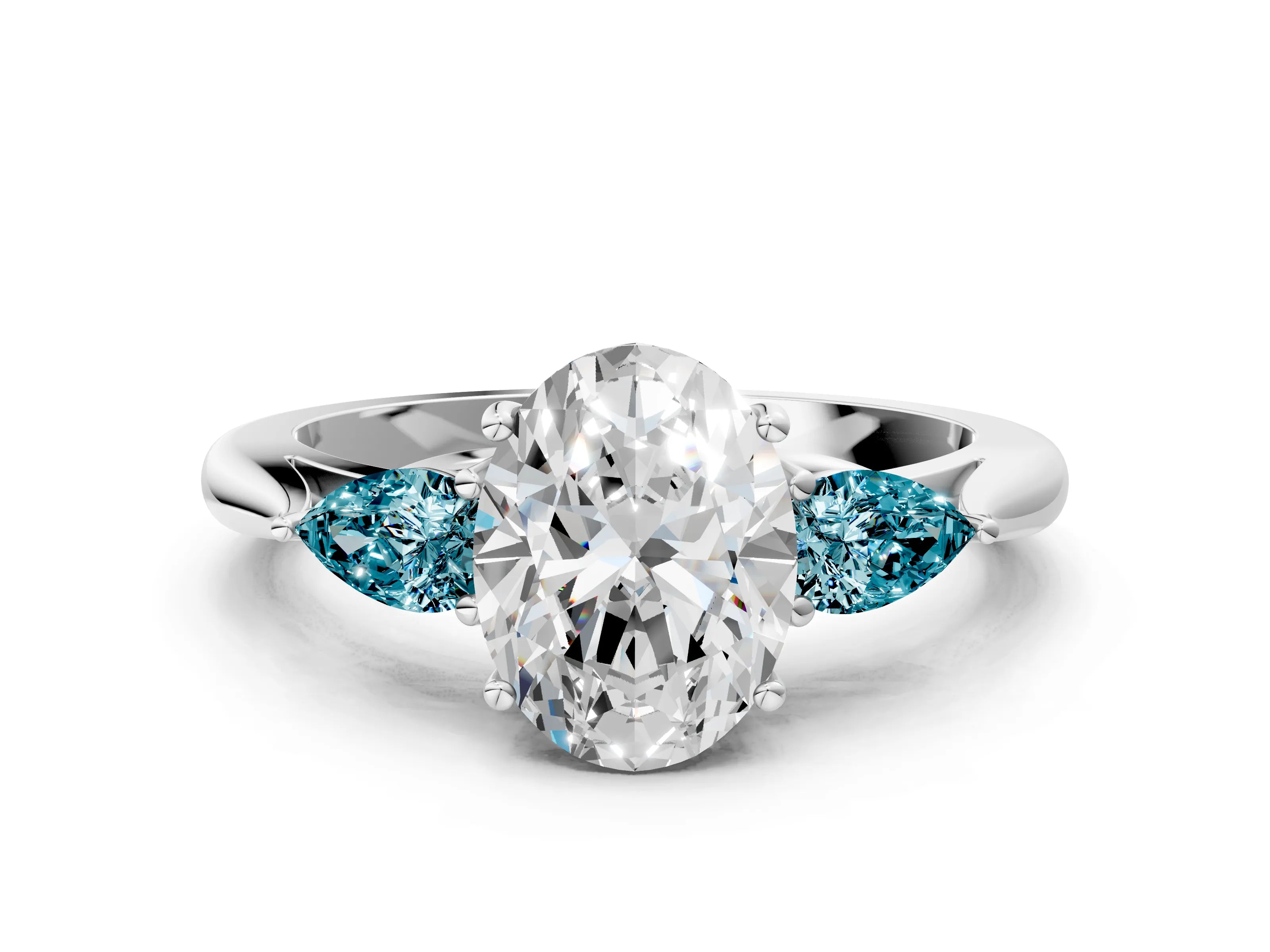White gold Oval Cut Diamond Three-Stone Ring with Pear with Blue Topaz side stone Side Stones and Prong Setting_24