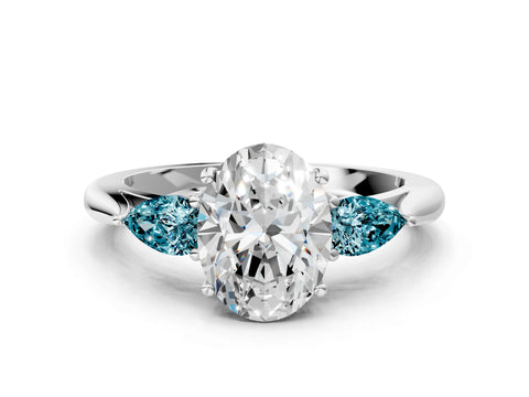 White gold Oval Cut Diamond Three-Stone Ring with Pear with Blue Topaz side stone Side Stones and Prong Setting_24
