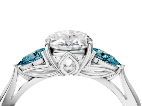White gold Oval Cut Diamond Three-Stone Ring with Pear with Blue Topaz side stone Side Stones and Prong Setting_28