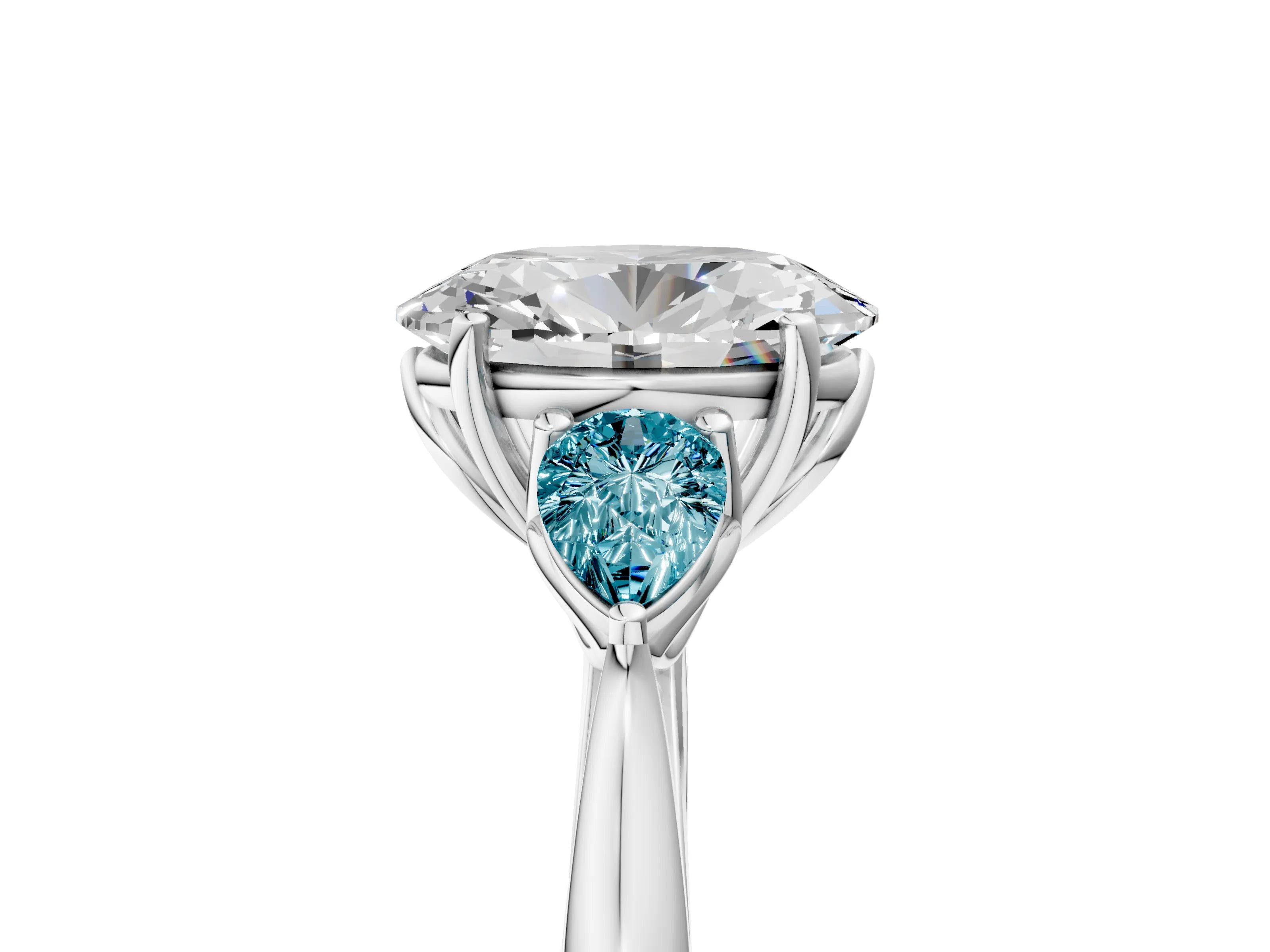 White gold Oval Cut Diamond Three-Stone Ring with Pear with Blue Topaz side stone Side Stones and Prong Setting_29