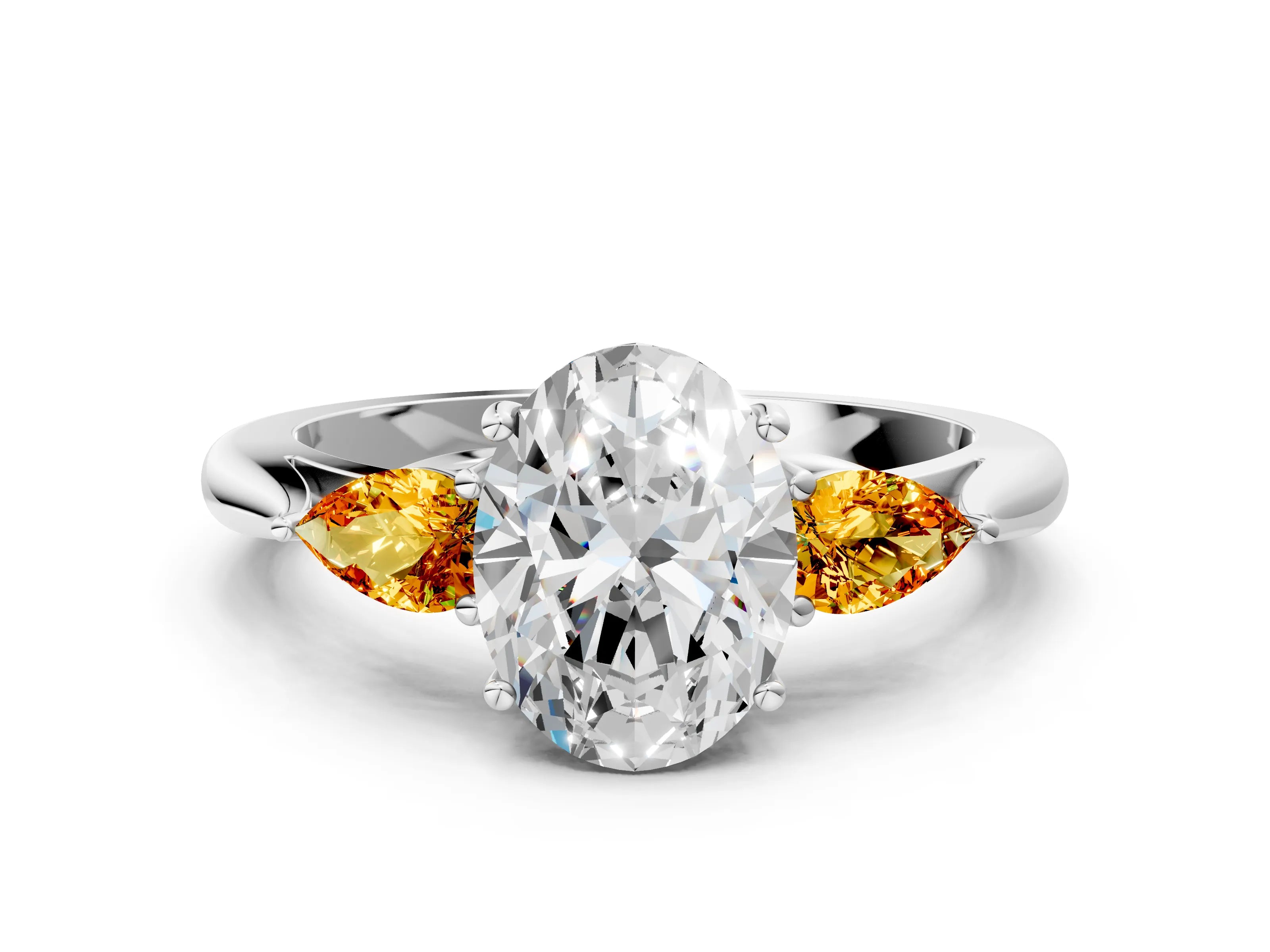 White gold Oval Cut Diamond Three-Stone Ring with Pear with Citrine side stone Side Stones and Prong Setting_36