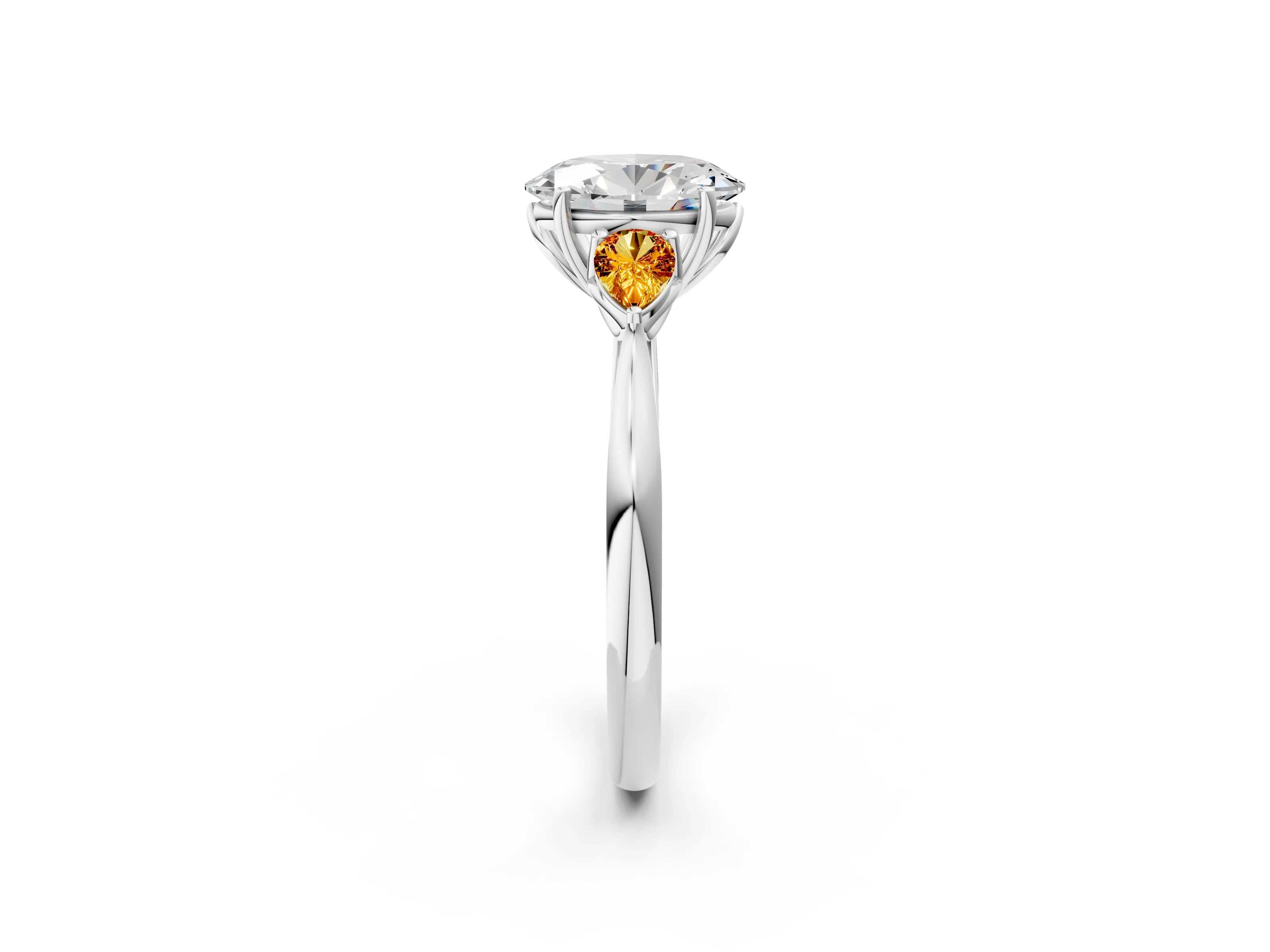 White gold Oval Cut Diamond Three-Stone Ring with Pear with Citrine side stone Side Stones and Prong Setting_38