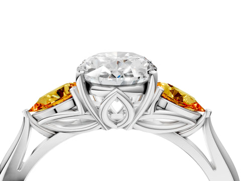 White gold Oval Cut Diamond Three-Stone Ring with Pear with Citrine side stone Side Stones and Prong Setting_40