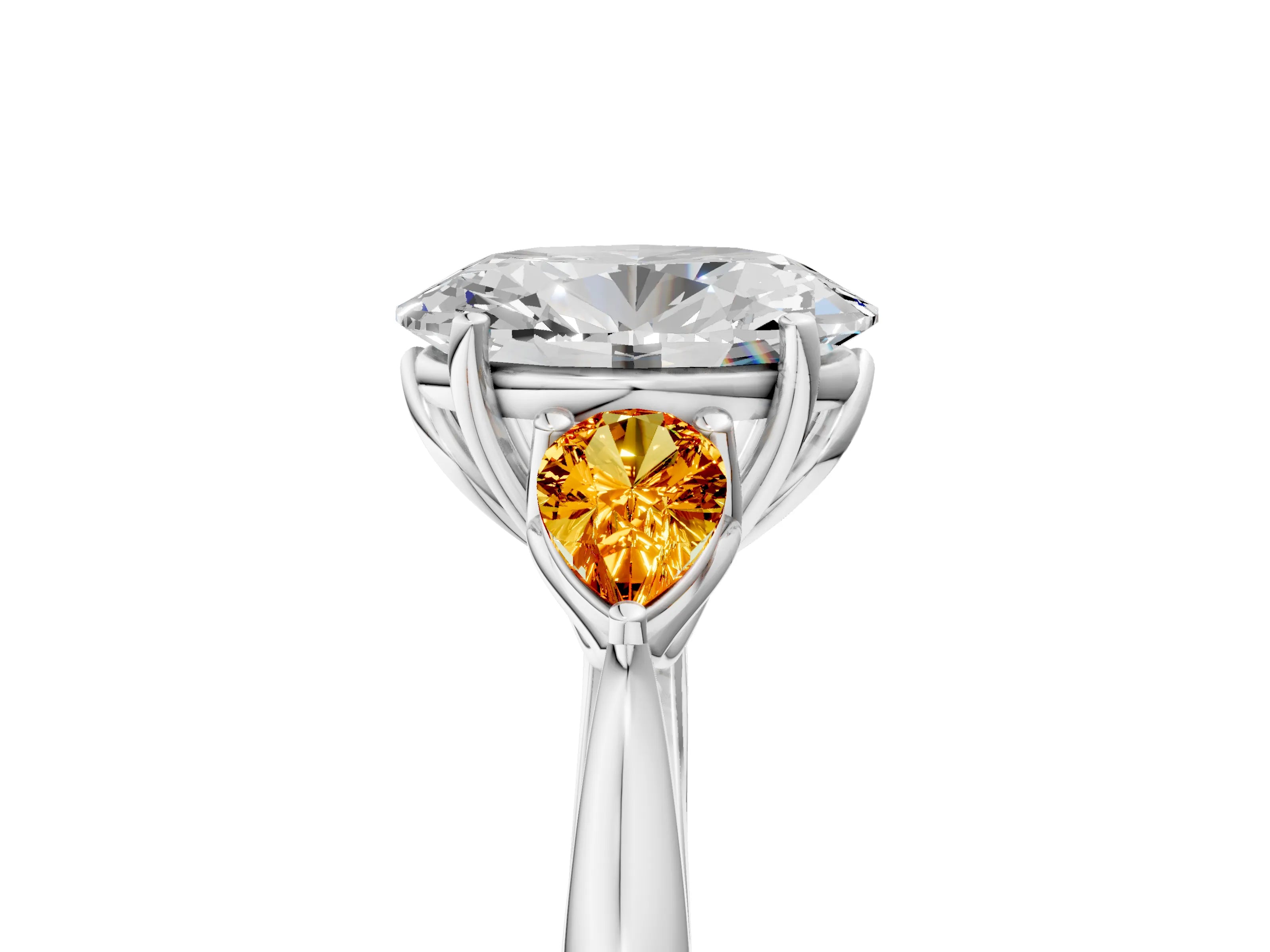 White gold Oval Cut Diamond Three-Stone Ring with Pear with Citrine side stone Side Stones and Prong Setting_41