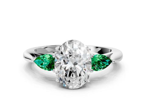 White gold Oval Cut Diamond Three-Stone Ring with Pear with Emerald side stone Side Stones and Prong Setting_24