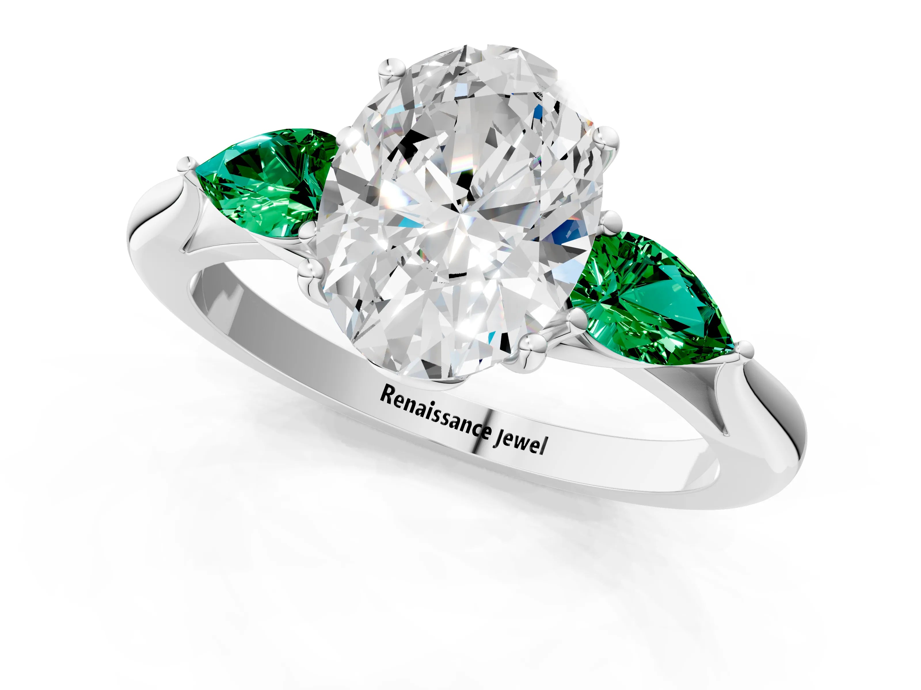 White gold Oval Cut Diamond Three-Stone Ring with Pear with Emerald side stone Side Stones and Prong Setting_25