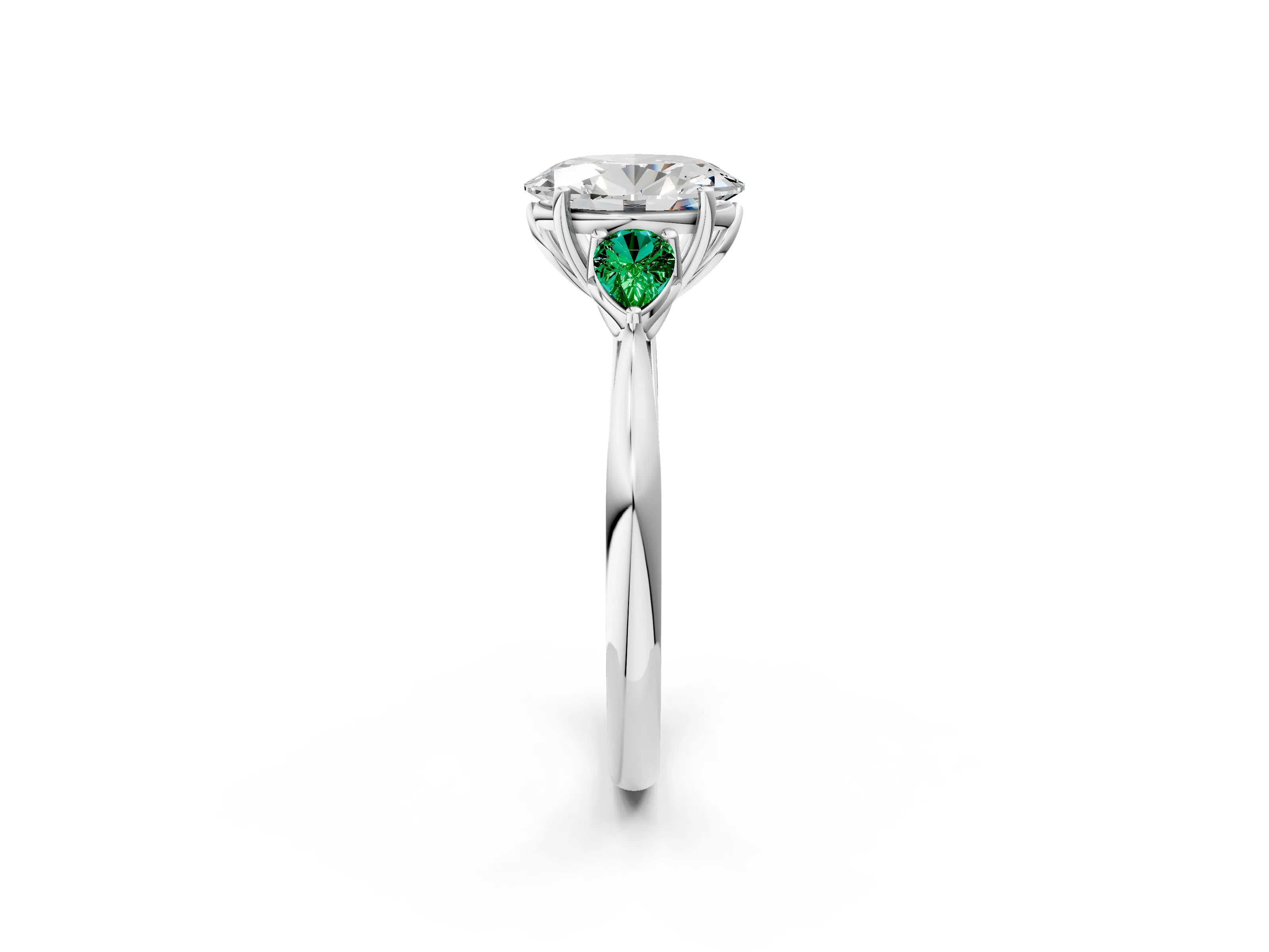 White gold Oval Cut Diamond Three-Stone Ring with Pear with Emerald side stone Side Stones and Prong Setting_26