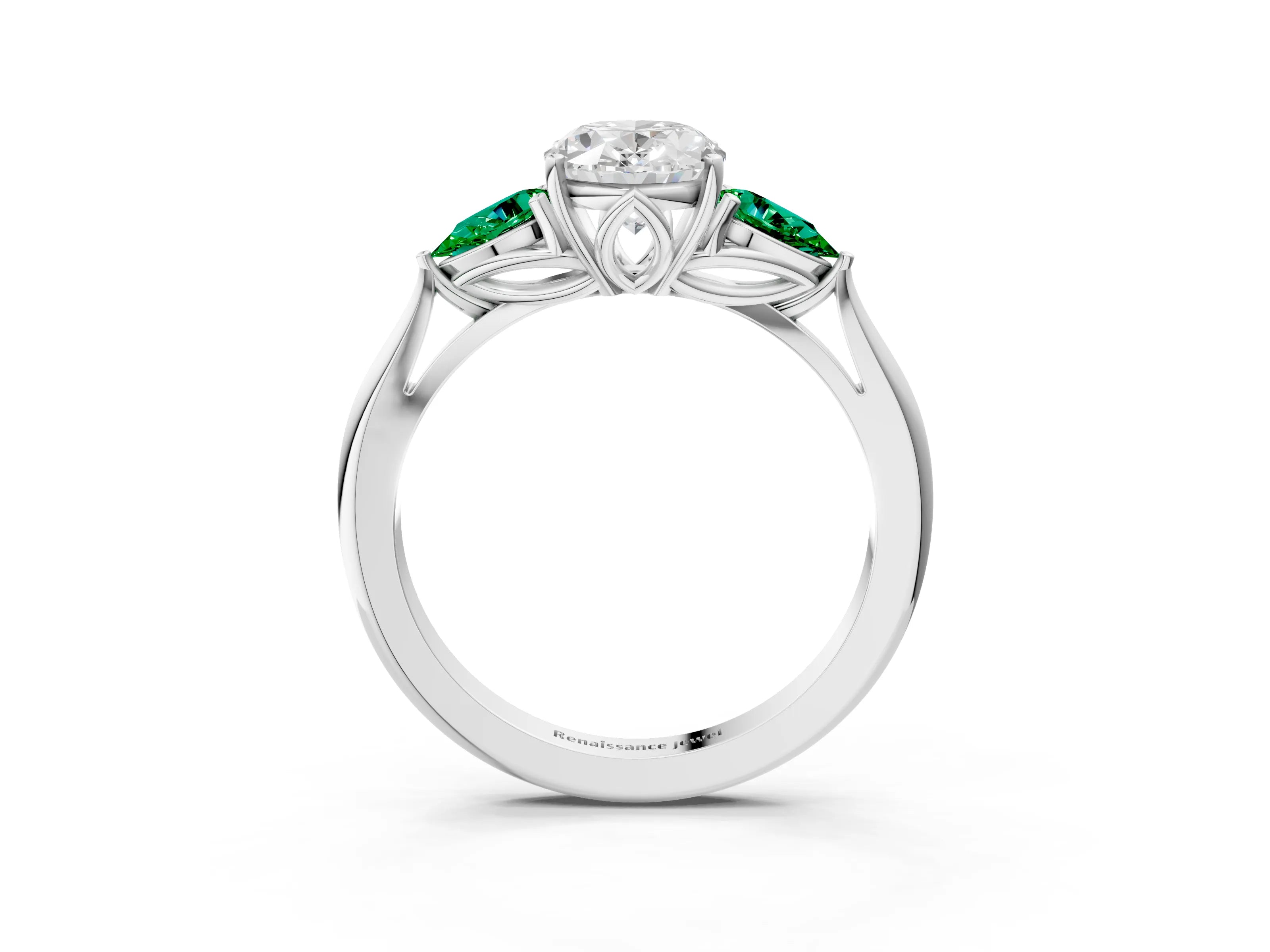 White gold Oval Cut Diamond Three-Stone Ring with Pear with Emerald side stone Side Stones and Prong Setting_27