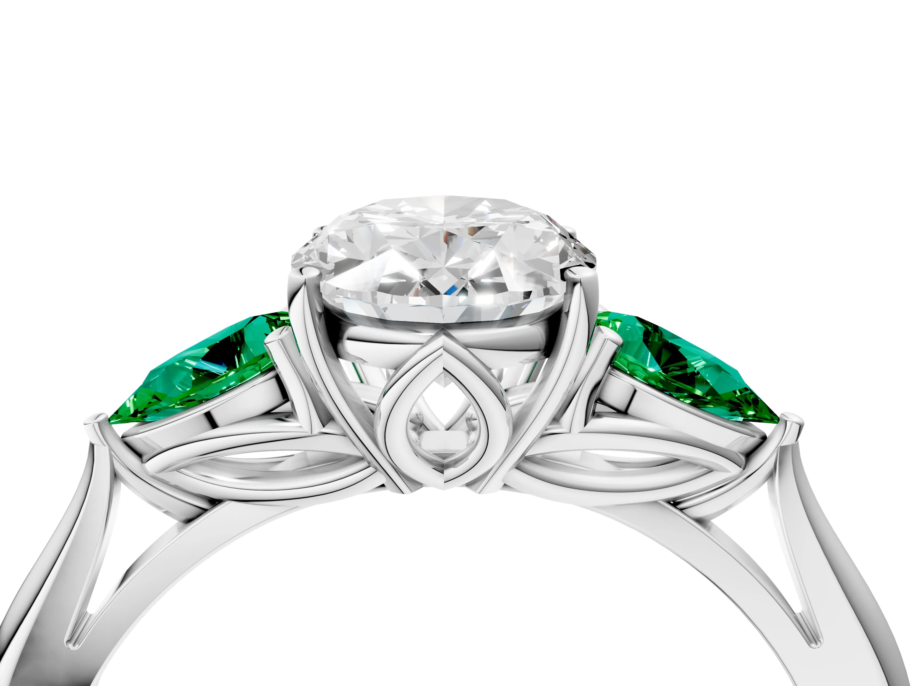 White gold Oval Cut Diamond Three-Stone Ring with Pear with Emerald side stone Side Stones and Prong Setting_28