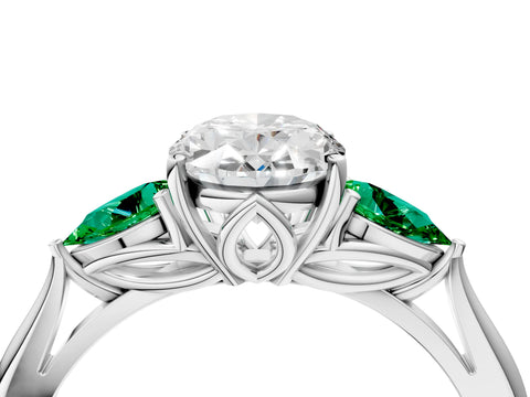 White gold Oval Cut Diamond Three-Stone Ring with Pear with Emerald side stone Side Stones and Prong Setting_28