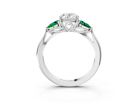 White gold Oval Cut Diamond Three-Stone Ring with Pear with Emerald side stone Side Stones and Prong Setting_39