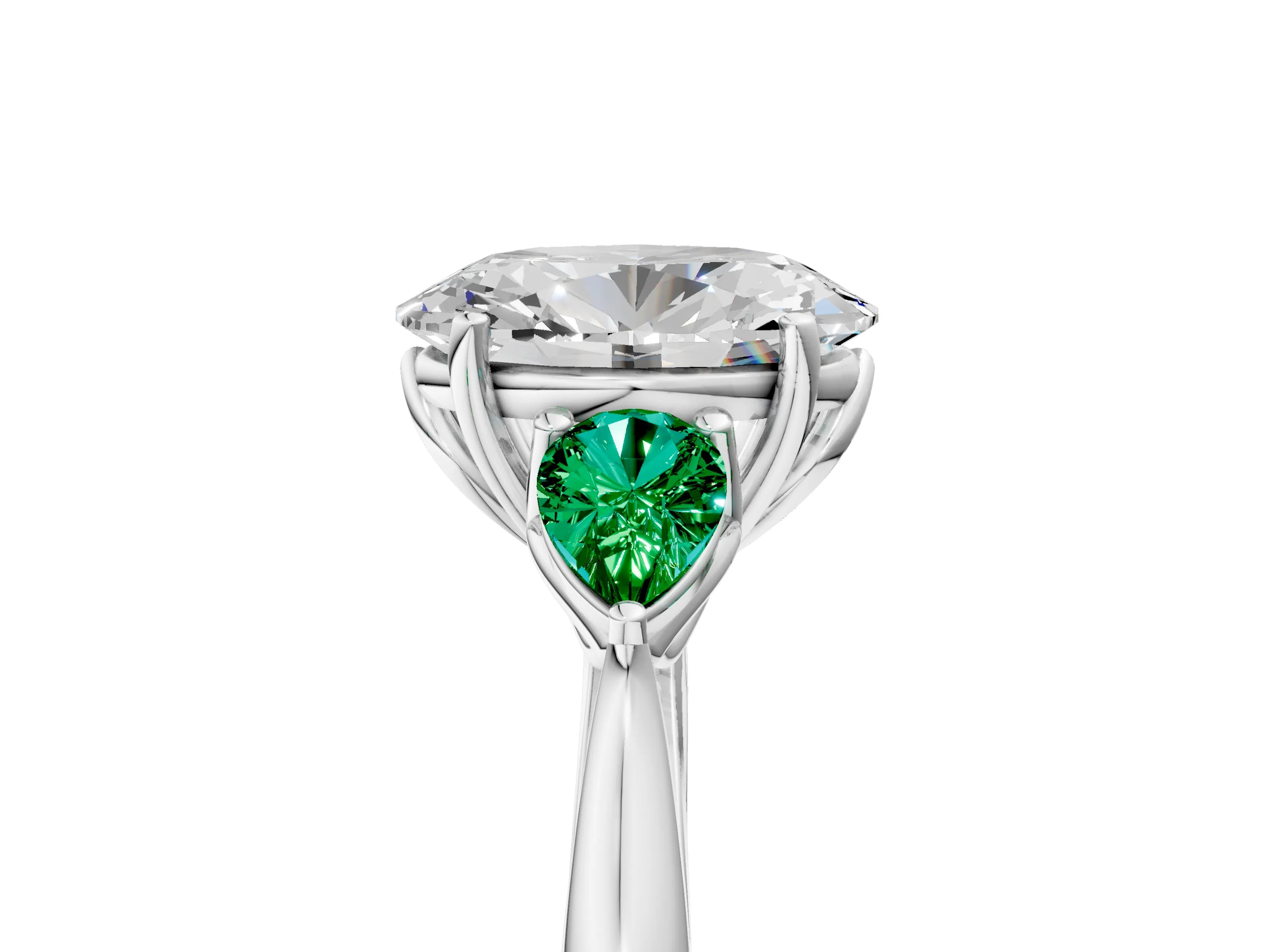 White gold Oval Cut Diamond Three-Stone Ring with Pear with Emerald side stone Side Stones and Prong Setting_41