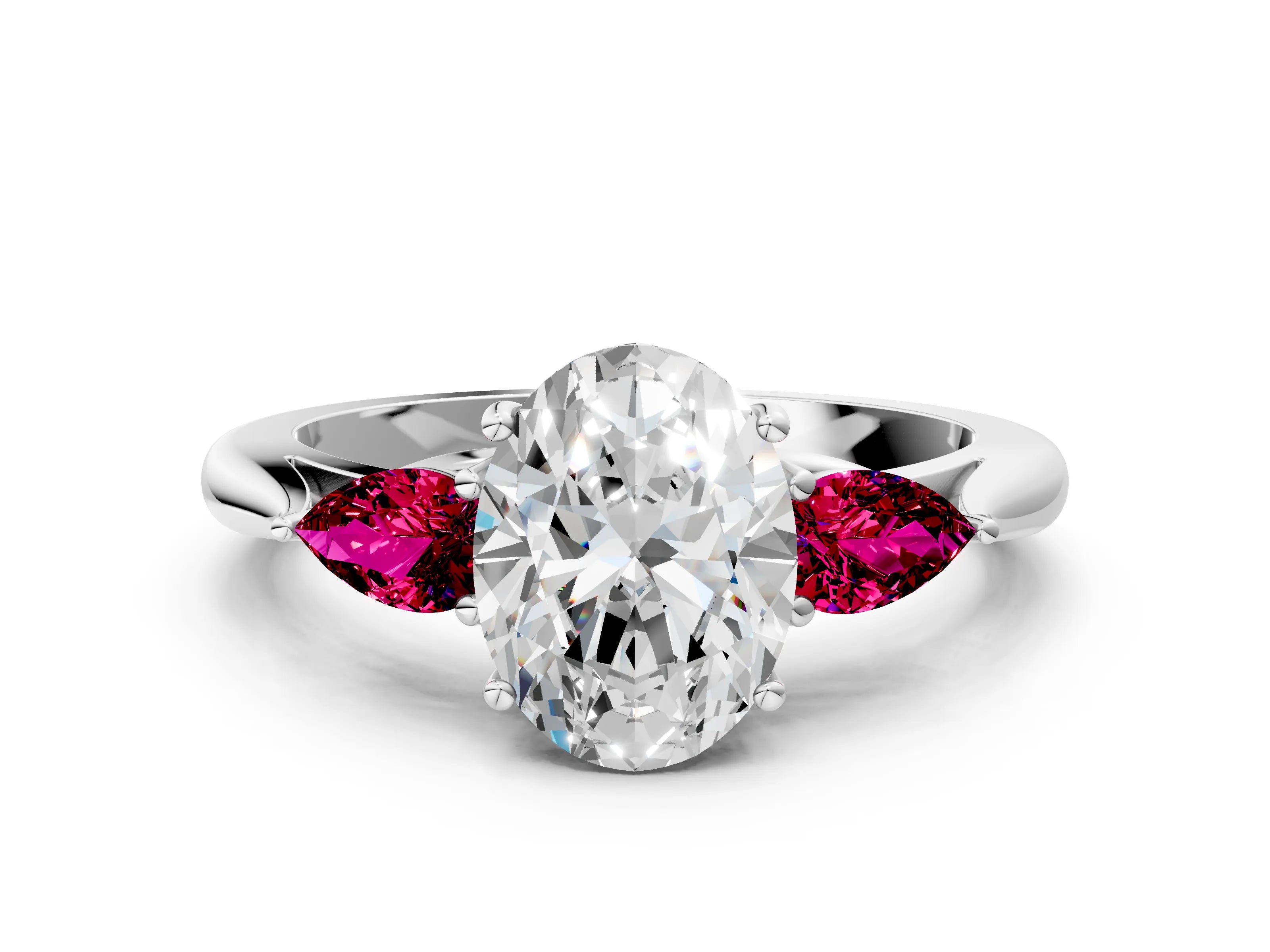 White gold Oval Cut Diamond Three-Stone Ring with Pear with Garnet side stone Side Stones and Prong Setting