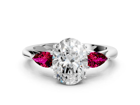 White gold Oval Cut Diamond Three-Stone Ring with Pear with Garnet side stone Side Stones and Prong Setting_12