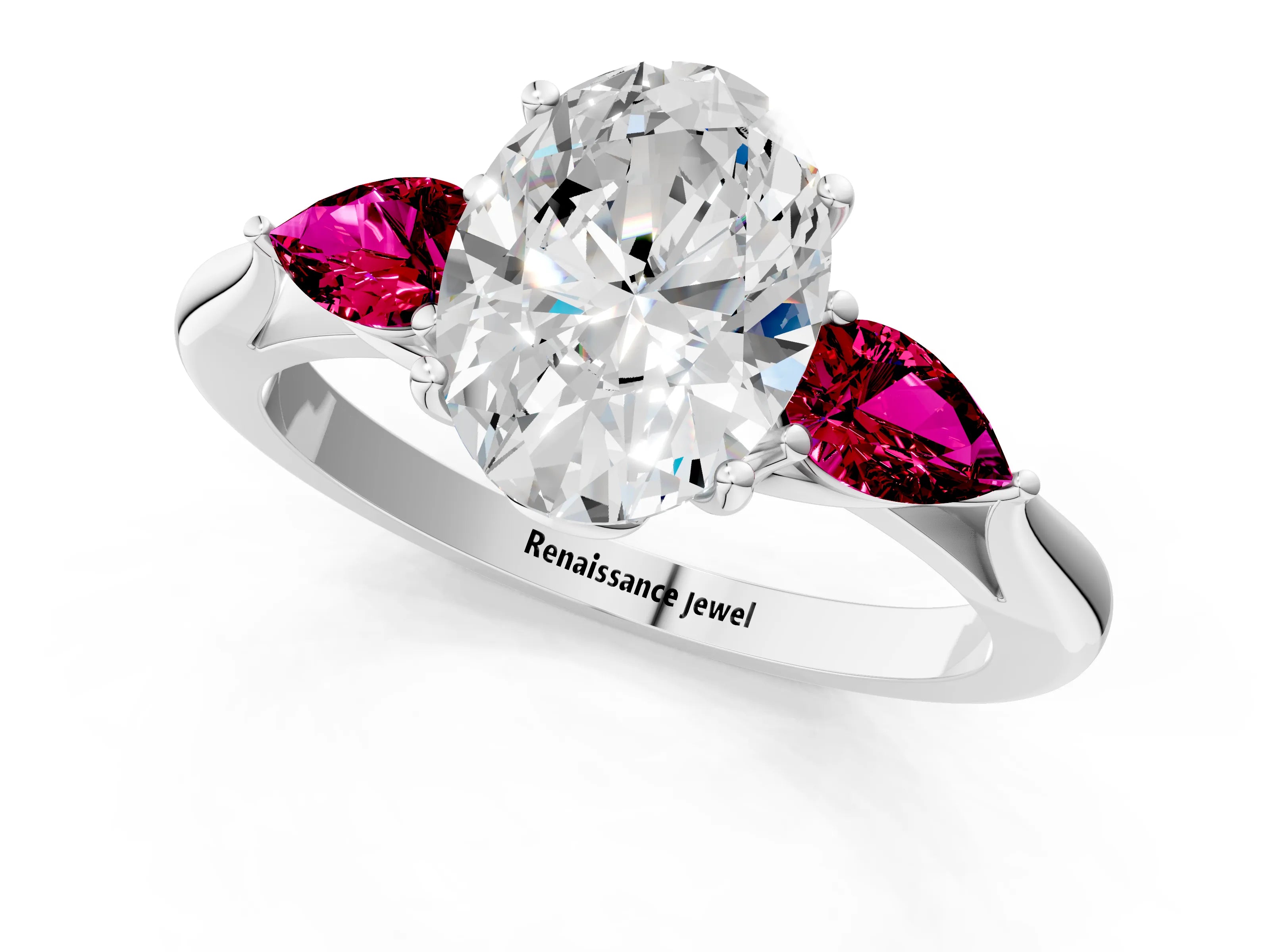 White gold Oval Cut Diamond Three-Stone Ring with Pear with Garnet side stone Side Stones and Prong Setting_13
