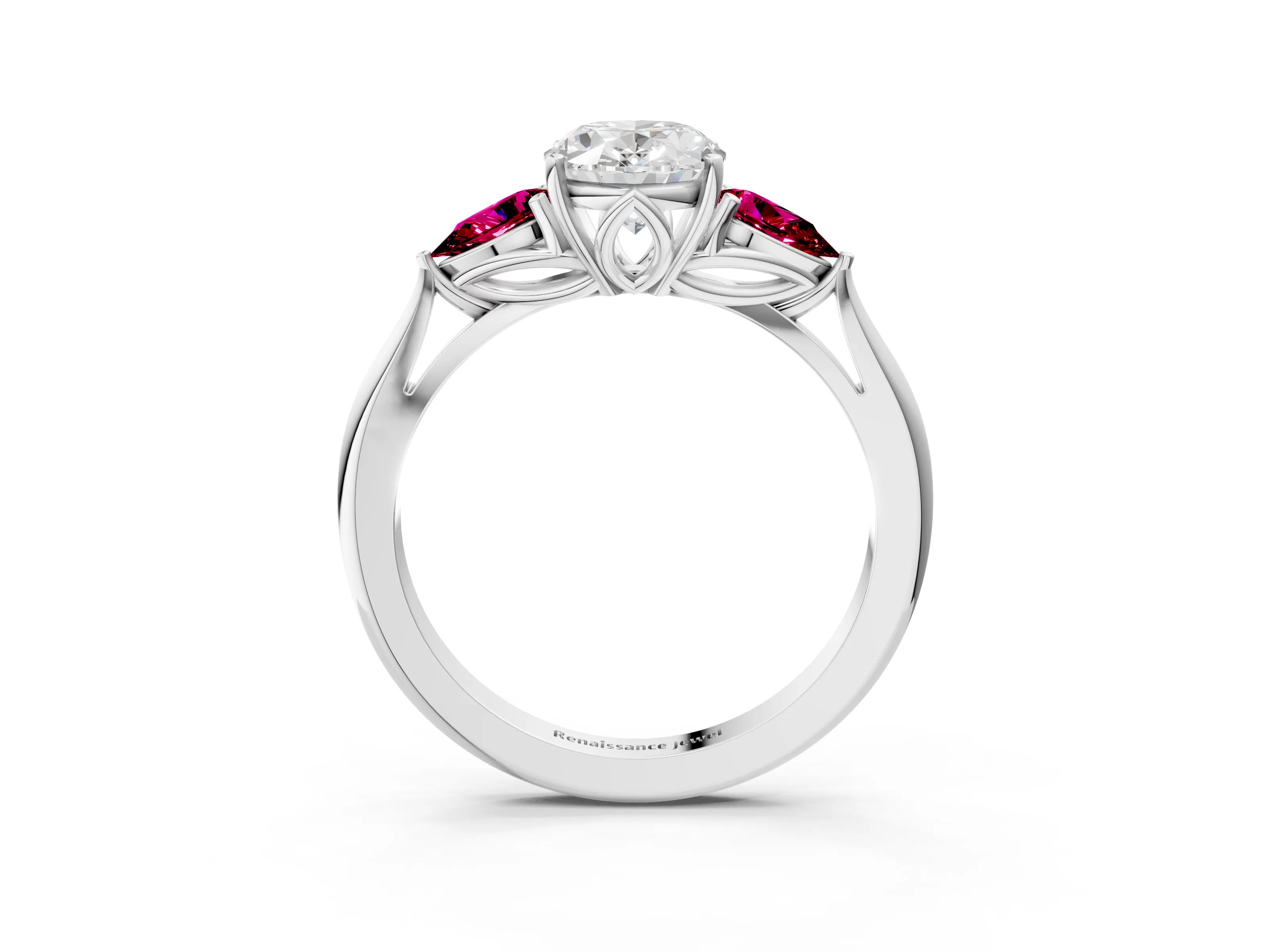 White gold Oval Cut Diamond Three-Stone Ring with Pear with Garnet side stone Side Stones and Prong Setting_15
