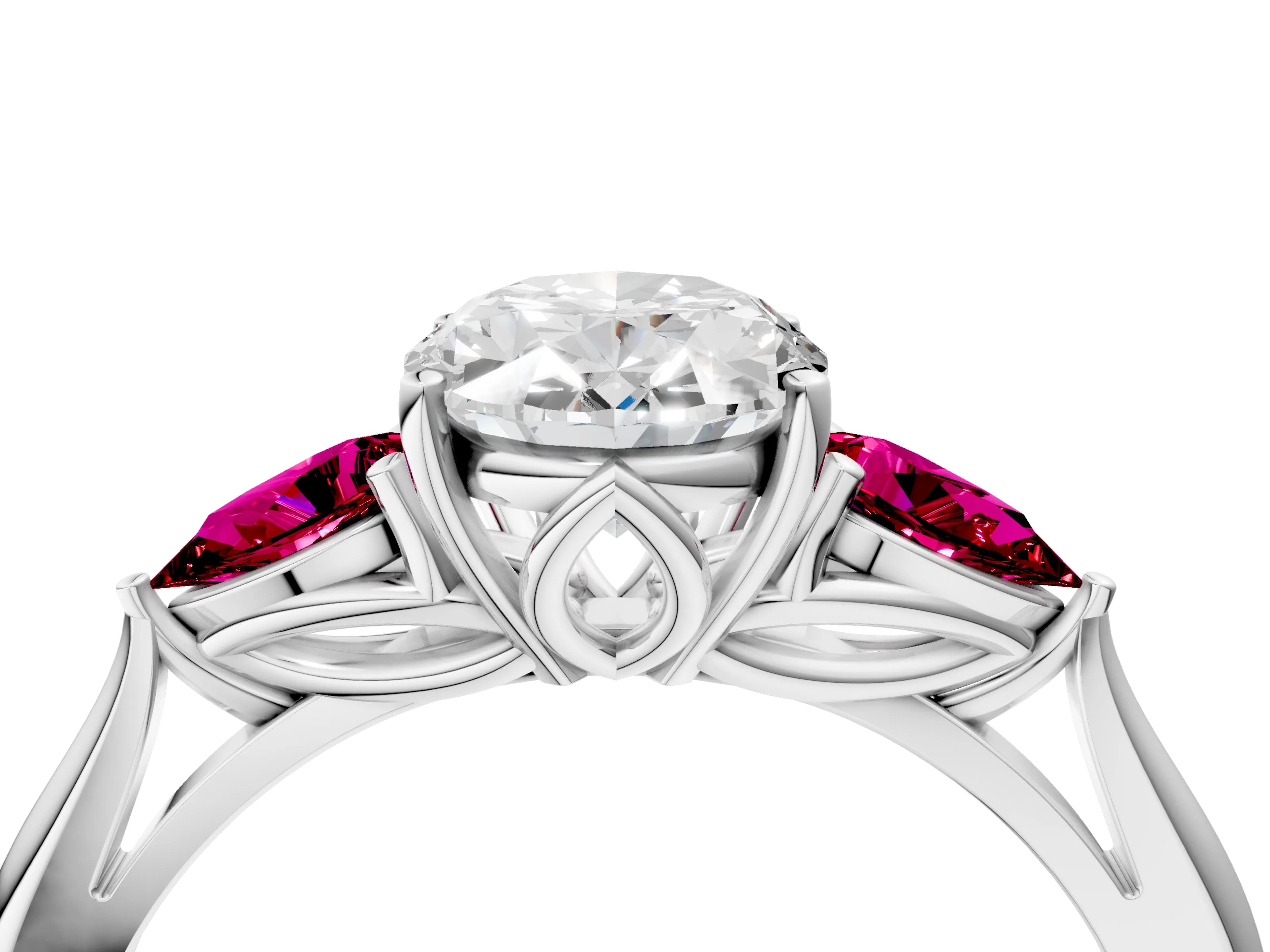 White gold Oval Cut Diamond Three-Stone Ring with Pear with Garnet side stone Side Stones and Prong Setting_16