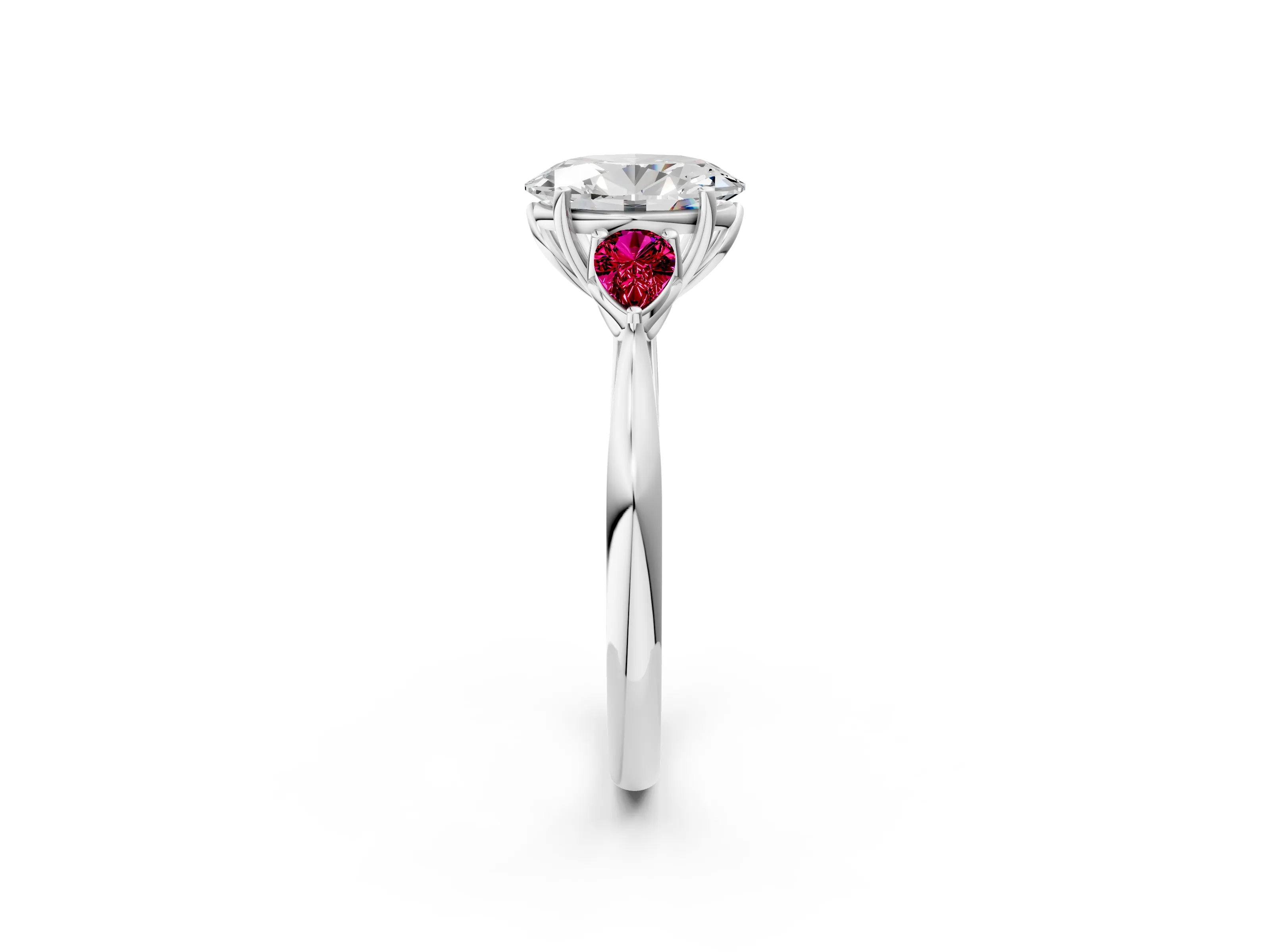 White gold Oval Cut Diamond Three-Stone Ring with Pear with Garnet side stone Side Stones and Prong Setting_2