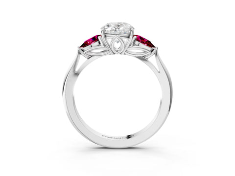 White gold Oval Cut Diamond Three-Stone Ring with Pear with Garnet side stone Side Stones and Prong Setting_3