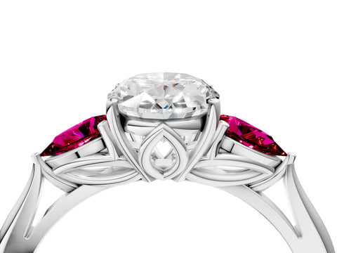White gold Oval Cut Diamond Three-Stone Ring with Pear with Garnet side stone Side Stones and Prong Setting_4