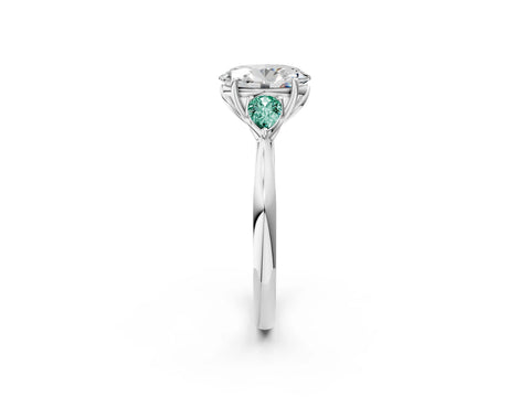 White gold Oval Cut Diamond Three-Stone Ring with Pear with Green Sapphire side stone Side Stones and Prong Setting_47